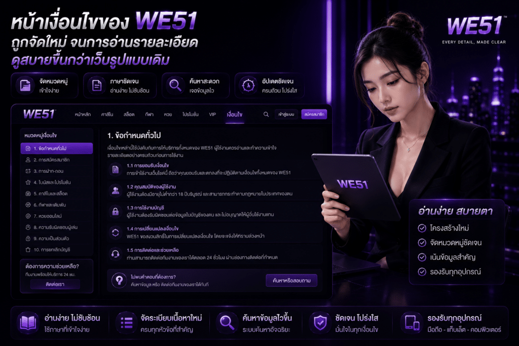 หน้าเงื่อนไขของ WE51 ถูกจัดใหม่ จนการอ่านรายละเอียดดูสบายขึ้นกว่าเว็บรูปแบบเดิม
